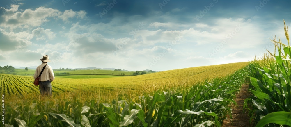 Poster corn farmers in a rural farm setting with a picturesque background, ideal for a copy space image.