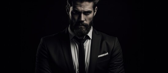 Fototapeta premium Stylish young man with a well-groomed beard and trendy hair wearing a suit poses for a studio portrait against a dark grey backdrop in black and white, with copy space image.
