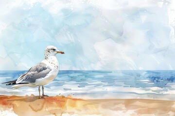 Fototapeta premium Graceful Seabird Gull Perched on Sandy Beach with Ocean Horizon. Hand-drawn Watercolor Illustration