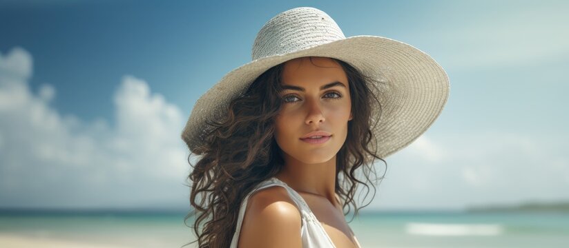 A lovely woman poses on the beach backdrop with copy space image.
