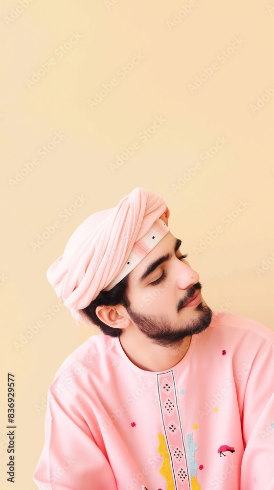 Wall mural A young man with a pink turban and embroidered shirt poses against a light yellow background