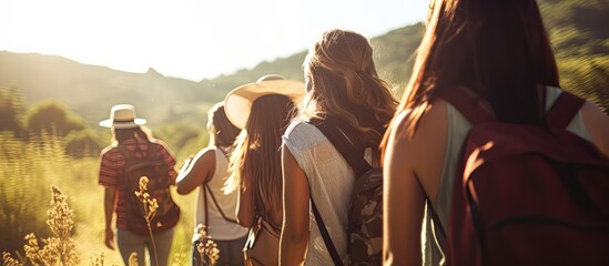 Group of female friends enjoying a leisurely walk in the countryside together, displaying teamwork while exploring, with a copy space image of happy hiker girls on a summer park adventure.
