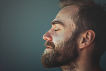 Fototapeta premium A close up of a man with beard and closed eyes looking to a side
