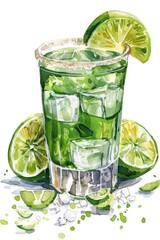 Fototapeta premium Hand Drawn Watercolor Tequila Shot with Lime and Salt on White Background