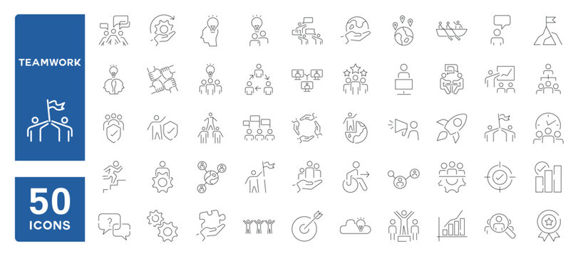 Set of 50 line icons related to teamwork, business, management, employees, Editable stroke. Vector illustration
