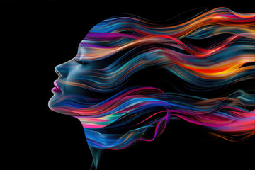 Obraz premium Abstract female profile made of colorful streaks, symbolizing creativity and inner strength on black background