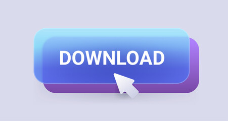 Blue glass morphism download button on gray background. Vector illustration