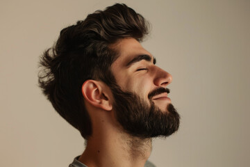 Fototapeta premium A close up of a man with beard and closed eyes looking to a side