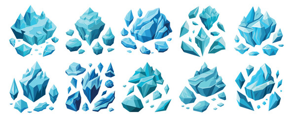 Fototapeta premium Set of different blue icebergs. Iceberg cartoon set. Crystals of ice, iceberg broken pieces of ice, blue cold frozen blocks ice rocks winter for winter themed designs and game design cartoon