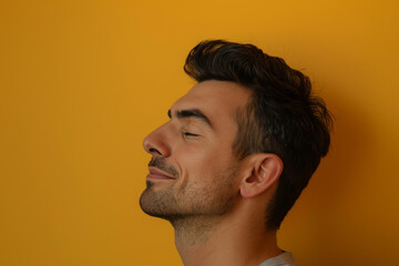 Fototapeta premium A close up of a man with beard and closed eyes looking to a side