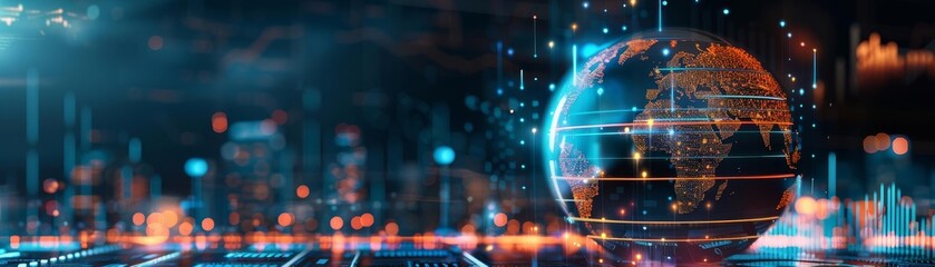 Fototapeta premium A digital globe projecting economic data points, with a futuristic urban background, emphasizing technology s impact on global finance