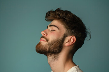 Fototapeta premium A close up of a man with beard and closed eyes looking to a side