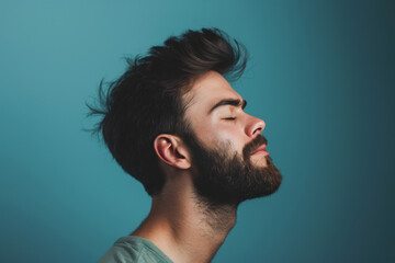 Fototapeta premium A close up of a man with beard and closed eyes looking to a side