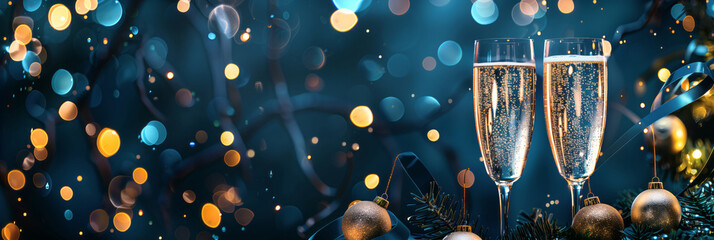 Wide banner with two champagne glasses clinking, creating an atmosphere for celebrations on dark blue background with bokeh lights