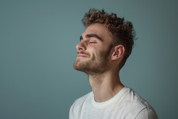 Obraz premium A close up of a man with beard and closed eyes looking to a side