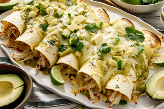 A plate of freshly made enchiladas verdes topped with avocado cubes, cheese, and cilantro, served with lime slices