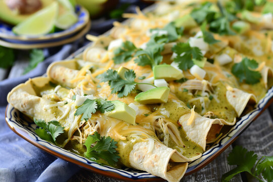Close up of plate of freshly made enchiladas verdes topped with avocado cubes, cheese, and cilantro