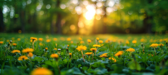 Obraz premium Vibrant Spring Landscape Green Grass and Dandelions in Bloom