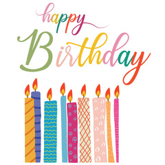 Colorful candles with happy birthday text Vector, happy birthday card with candles, birthday T-shirt design vector set, set of color Birthday candles Vector Illustration