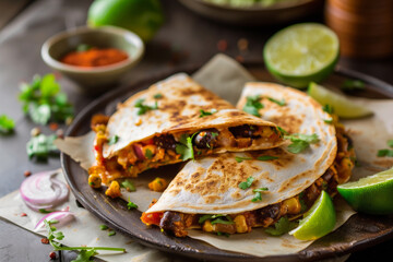 Close-up of a quesadilla filled with fresh vegetables and served on a wooden plate. Shallow depth of field