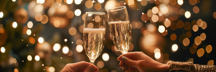 Two people clink champagne glasses against dark background with golden festive lights in bokeh