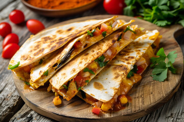 Close-up of a quesadilla filled with fresh vegetables and served on a wooden board. Shallow depth of field