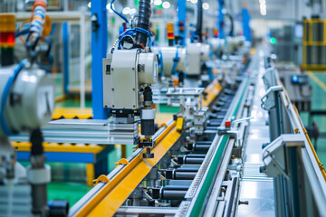 Close up view of modern, eco-friendly production line in a busy manufacturing facility. Shallow depth of field