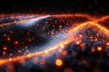 Obraz premium Abstract digital wave with glowing particles, futuristic technology concept, vibrant and dynamic design for innovation background.