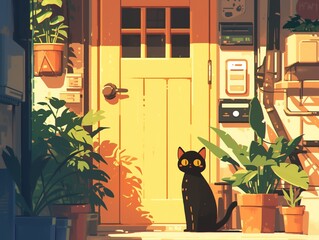 Love and loyalty: the cat patiently waits at the door. Cartoon, high quality illustration, generated by Ai