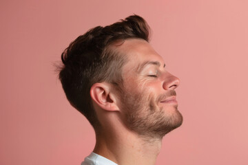 Obraz premium A close up of a man with beard and closed eyes looking to a side