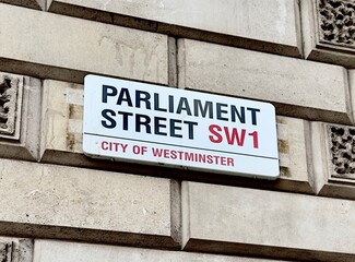 Parliament Street SW1 sign in the City of Westminster, London, UK.  © Nigel Harris