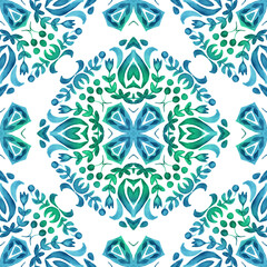 Azulejo blue and white hand drawn tile seamless ornamental watercolor paint pattern. Elegant luxury texture