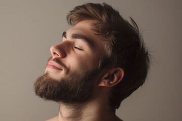 Obraz premium A close up of a man with beard and closed eyes looking to a side
