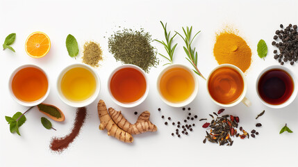 Creative layout made of cup of tea, green tea, black tea, fruit and herbal, tea, turmeric, ginger on white background