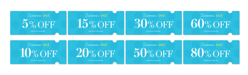 夏のセールに使える青い水玉模様の上品なクーポンベクターアイコンセット（割引率別）