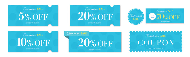 夏のセールに使える青い水玉模様の上品なクーポンベクターアイコンセット