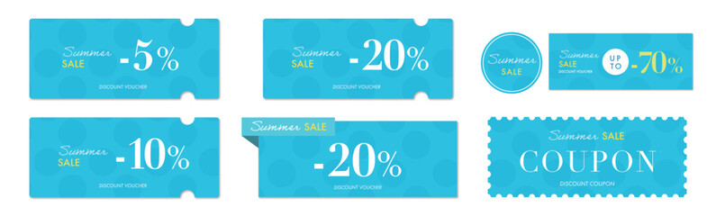 夏のセールに使える青い水玉模様の上品なクーポンベクターアイコンセット2（割引率別）