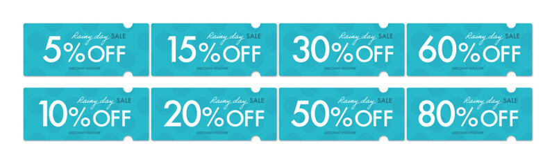 雨の日のセールに使える青い水玉模様のクーポンベクターアイコンセット（割引率別）