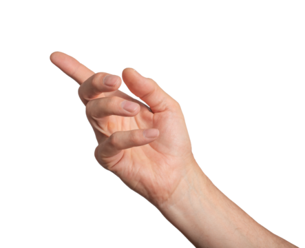 Fingers hand communicate gesture person. Showing symbol adult sign pointing arm isolated white. Body human concept up finger. Photography background one man cut out color, transparent png