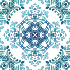 Abstract cross seamless ornamental watercolor damask arabesque paint pattern. Azulejo blue and white hand drawn tile. Portuguese abstract tile design