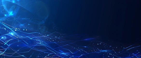 Abstract technology background with blue digital data lines and connection dots on a dark blue banner, in the style of a vector illustration
