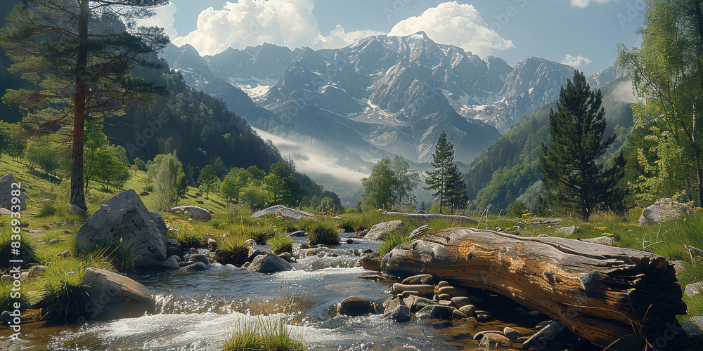 Aufkleber in a place nestled among rolling mountains and ancient forests, there is a stream at the foot of the