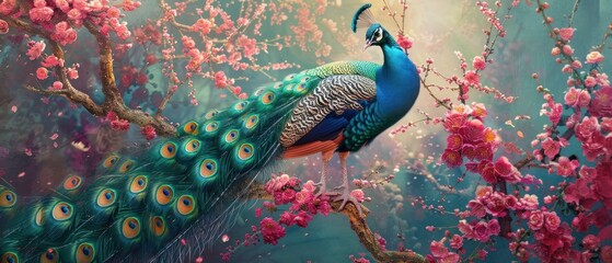 Peacock on branch with colorful flowers background © HPMP Studio