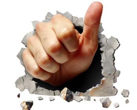 Thumbs Up Hand Gesture Breaking Through Wall on Transparent Background