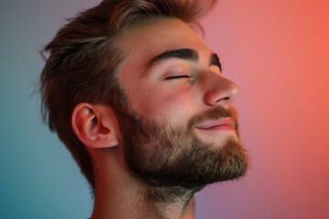Fototapeta premium A close up of a man with beard and closed eyes looking to a side