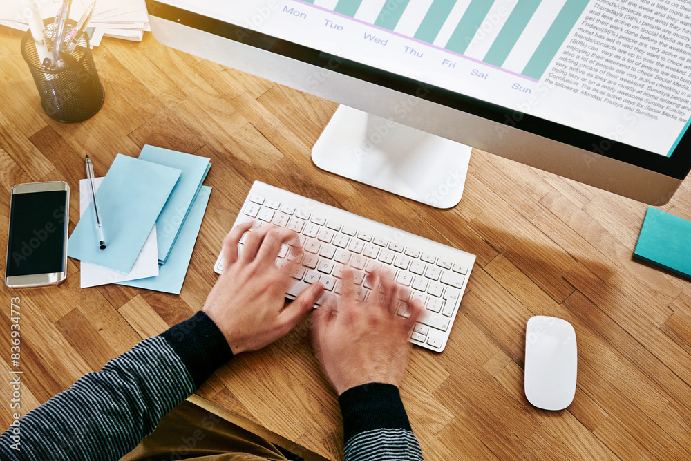 Aufkleber Business man, hands and computer in closeup for financial review with graph and stats on revenue. Male accountant, movement and fast typing for data analytics, kpi and performance chart with fintech