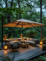 Obraz premium An elegant outdoor lounge set under a spacious patio umbrella, with stylish furniture and ambient lighting, nestled in a lush forest setting