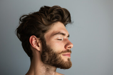 Obraz premium A close up of a man with beard and closed eyes looking to a side