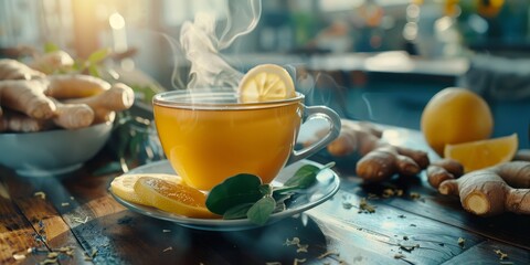 A cup of hot ginger tea with lemon, on a cozy kitchen table generated by AI