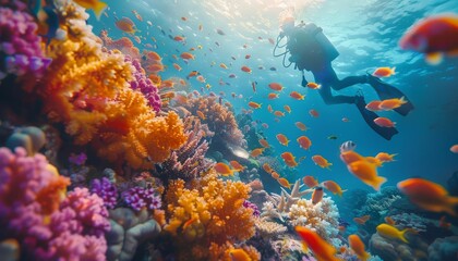 Capture a birds-eye view of a diver exploring vibrant marine life amidst coral reefs in a serene underwater atmosphere